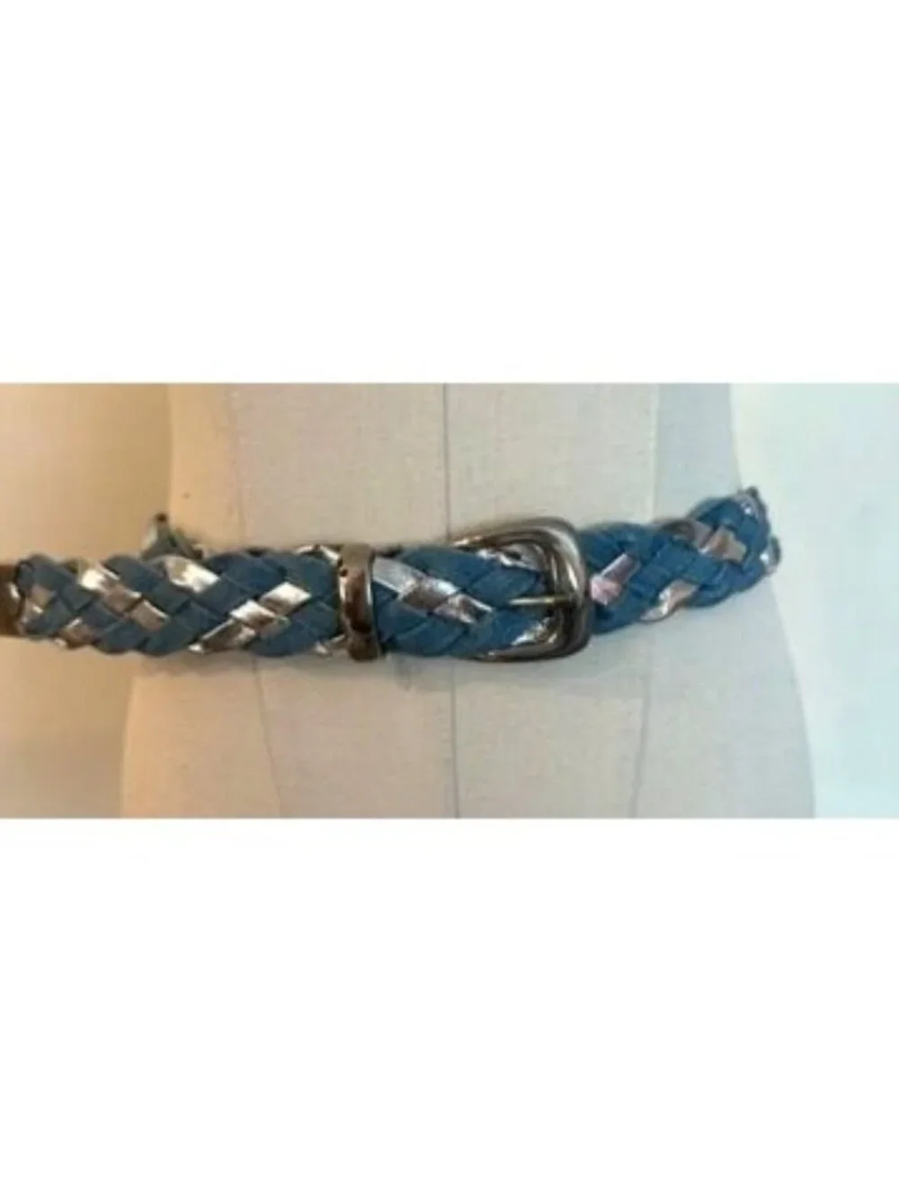 Braided Denim & Silver Metallic Belt With Metal Buckle - 36